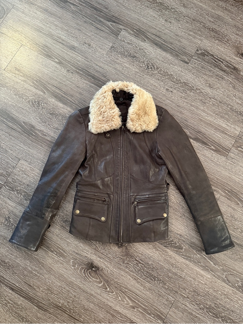 Banana Republic Vintage Brown Leather Jacket Faux Fur Removable Collar